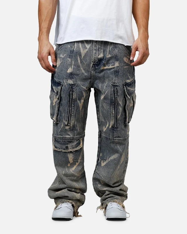 MNML Ultra Baggy Rip Denim Cargo Pant Blue Fashionable Work Pants