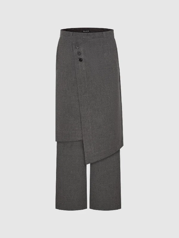 2 In 1 Layered Wide-Leg Pants Relaxed High-Waist Trousers