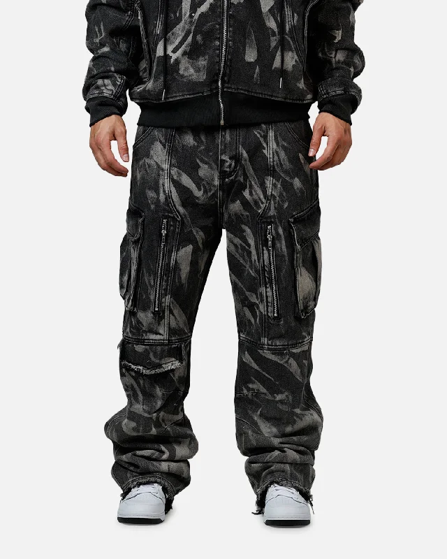 MNML Ultra Baggy Rip Denim Cargo Pant Black Cozy Knit Pants