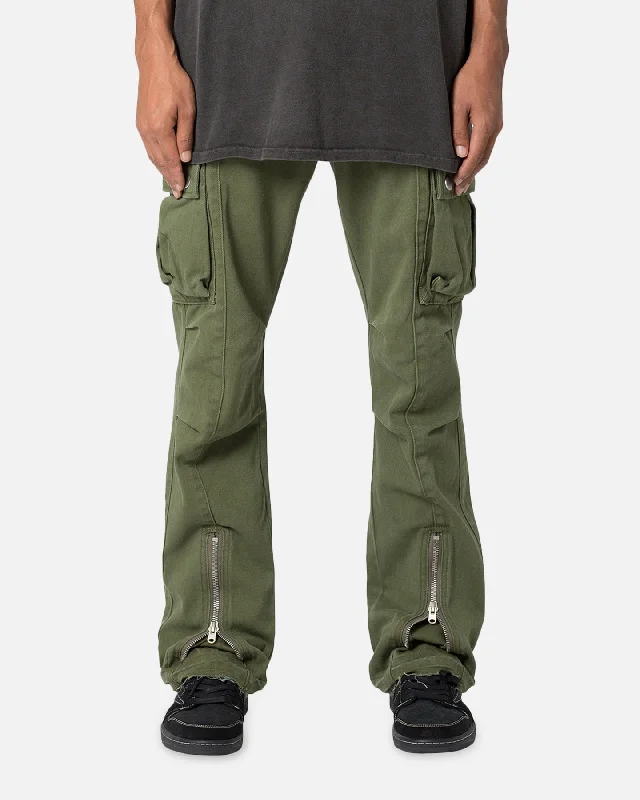 MNML Front Zip Flare Cargo Pants Olive Trendy Tapered Pants