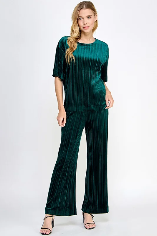 Velvet Pleated Pants-Green Comfortable Wide-Leg Pants