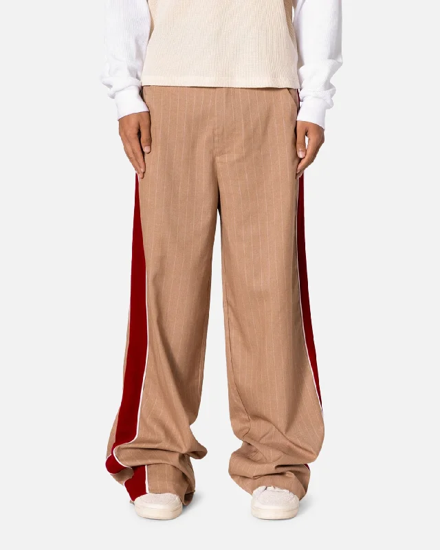 MNML Pinstripe Velvet Trim Pants Tan Comfortable Wide-Leg Pants