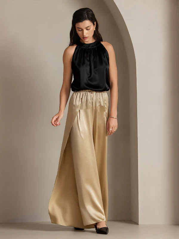 19Momme Silk Fashionable High-Slit Pants Cozy Knit Pants