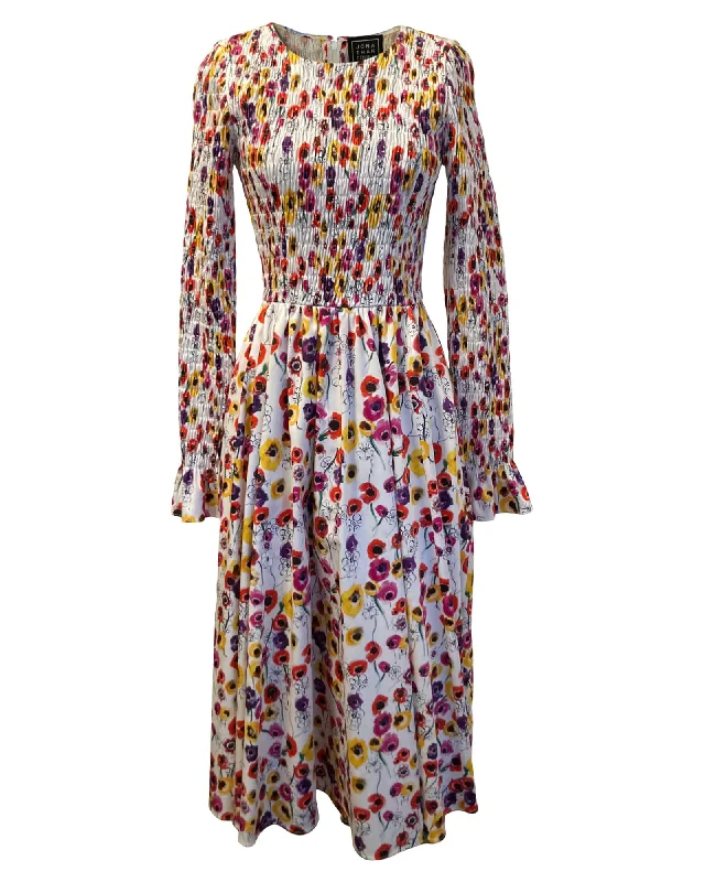 Long Sleeved Smocked Dress in White Anemones Cotton | White Anemones