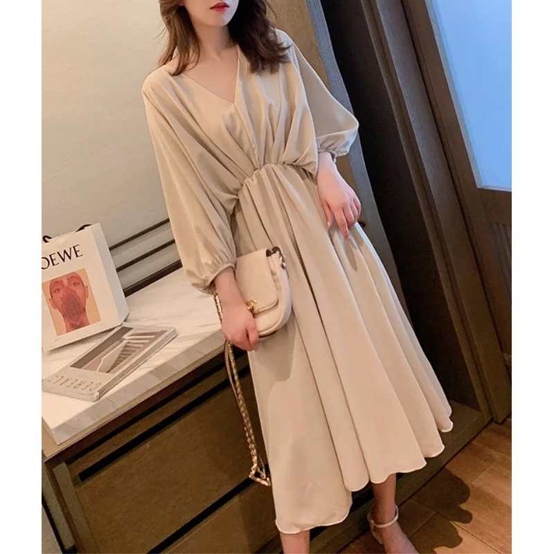 Julia Fashion - Casual V-Neck Solid Chiffon Dress