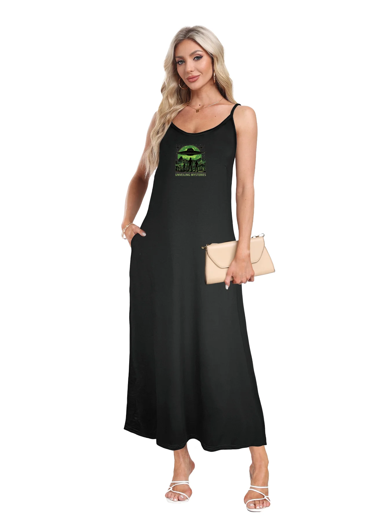 Intriguing Ufo And Mysterious Figures Graphic Print Spaghetti Strap Dress Casual Sleeveless Cami Dress Women's Clothing