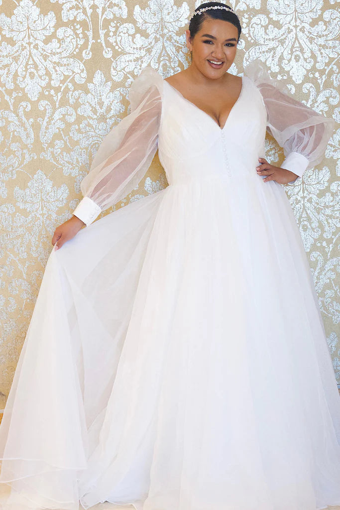 Johnathan Kane For Sydney's Closet JK2317 V-Neck Pleated Bodice Long Sheer Pouf Sleeve With Cuff Train Plus Size Formal Dress Johnathan Kane For Sydney's Closet JK2317 V-Neck Pleated Bodice Long Sheer Pouf Sleeve With Cuff Train Plus Size Formal Dress