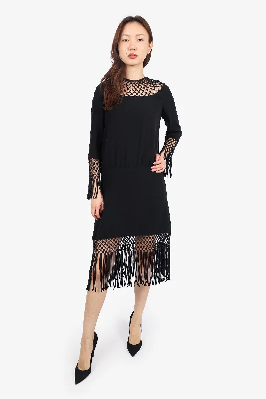 Valentino Runway Black Crepe Silk Macramé Dress Size 6 US