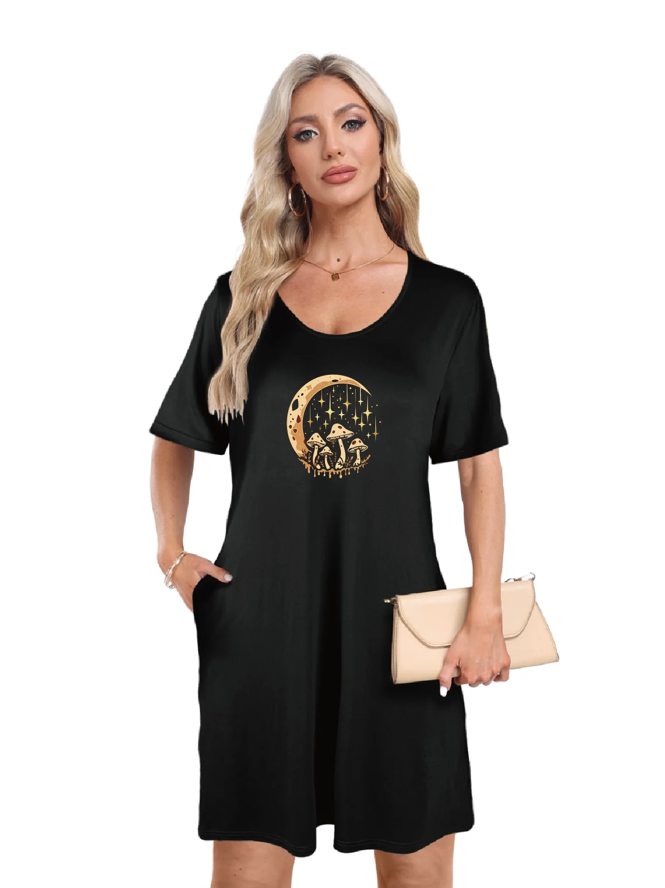 Enchanting Mushroom Crescent Moon Print Dual Pockets Dress Casual Short Sleeve Tee Dress For Spring & Summer Women's Clothing