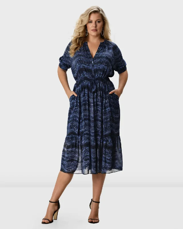 Stripe lace print georgette ruffle flounce crewneck dress | Black