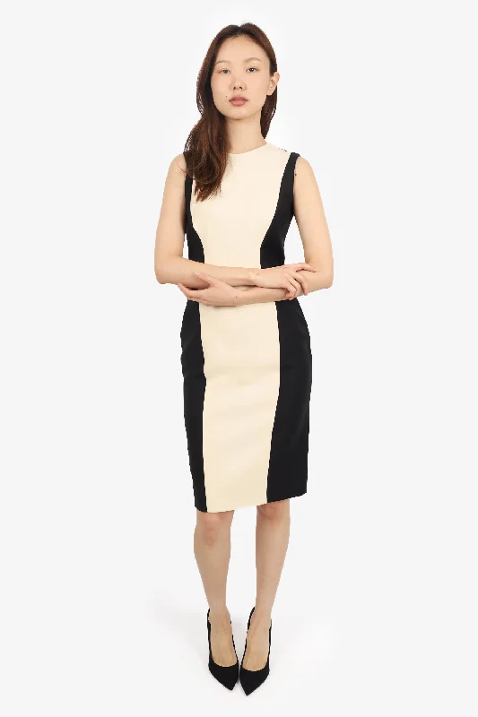Christian Dior Cream/Black Sleeveless Virgin Wool Pencil Dress Size 6