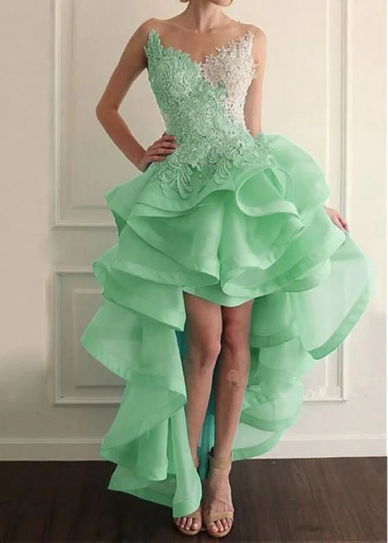 Magbridal Marvelous Tulle & Organza Sheer Jewel Neckline Hi-lo A-line Homecoming Dresses With Lace Appliques cg17468 Magbridal Marvelous Tulle & Organza Sheer Jewel Neckline Hi-lo A-line Homecoming Dresses With Lace Appliques cg17468