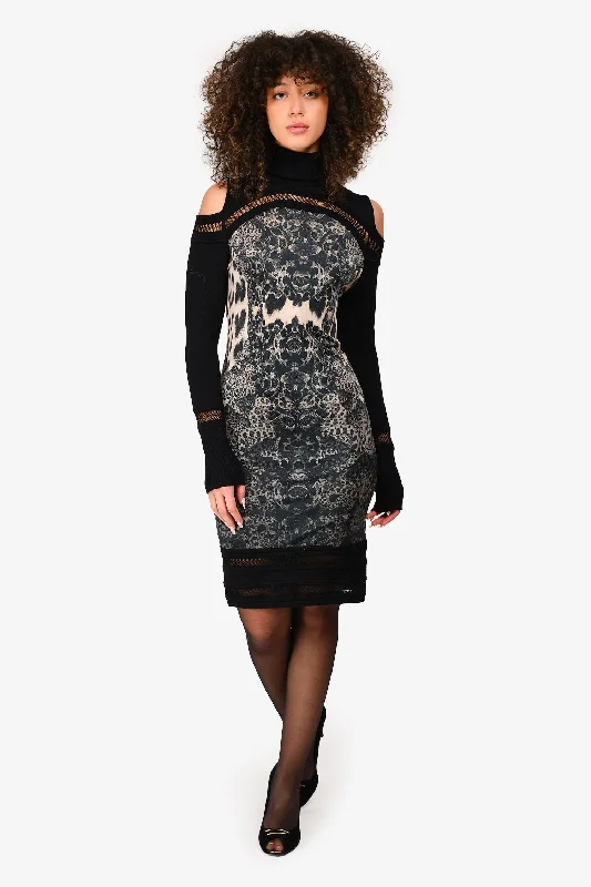 Roberto Cavalli Black/Beige Graphic Print Cold Shoulder Turtle Neck Dress Size 40