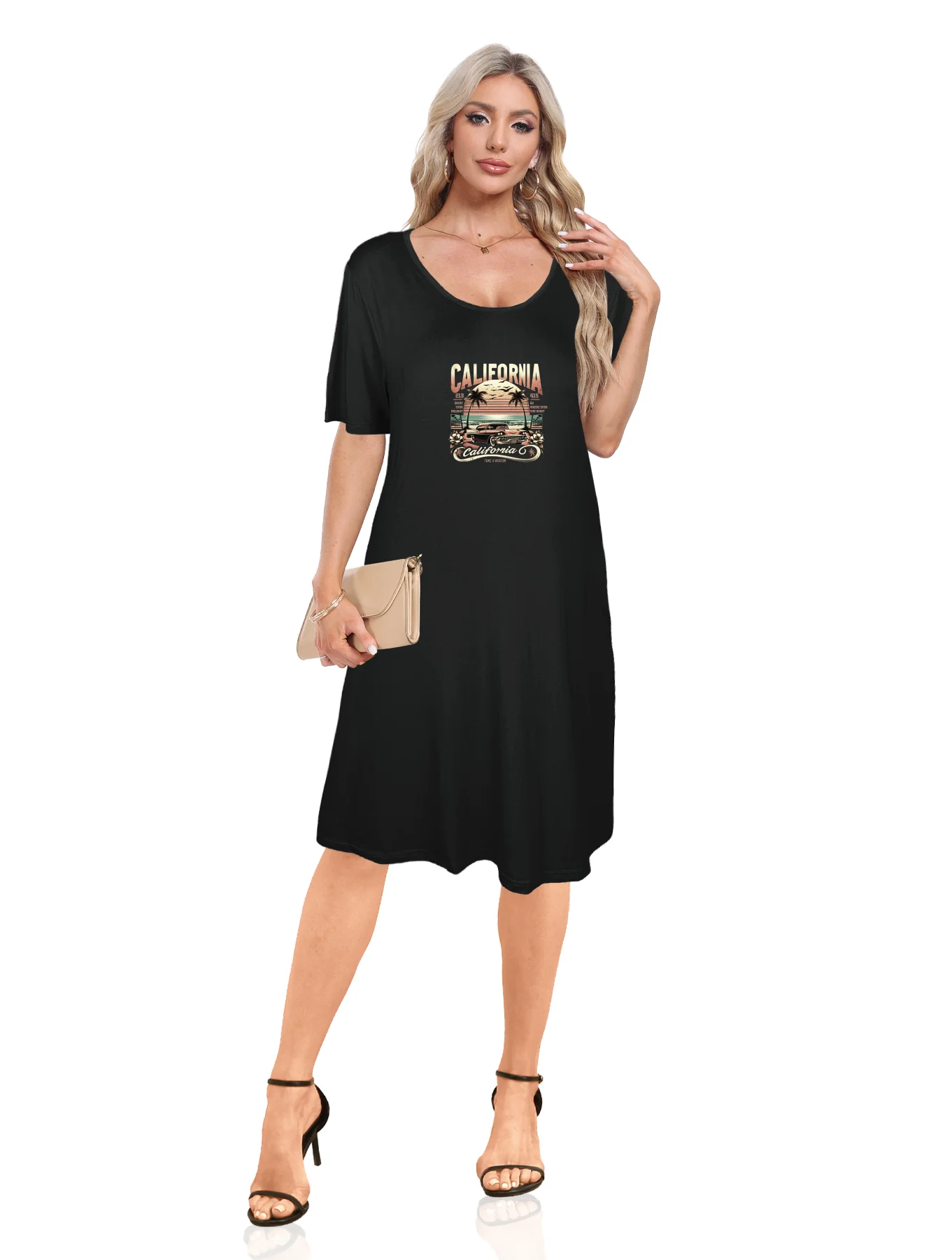 Vintage Palm Trees Car And Sunset Print Dual Pockets Dress Casual Short Sleeve Tee Dress For Spring & Summer Women's Clothing Vintage Palm Trees Car And Sunset Print Dual Pockets Dress Casual Short Sleeve Tee Dress For Spring & Summer Women's Clothing