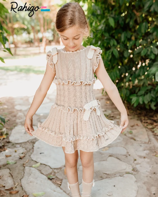 New In Rahigo Girls Camel & Cream Drop Waist Dress - Pre Order