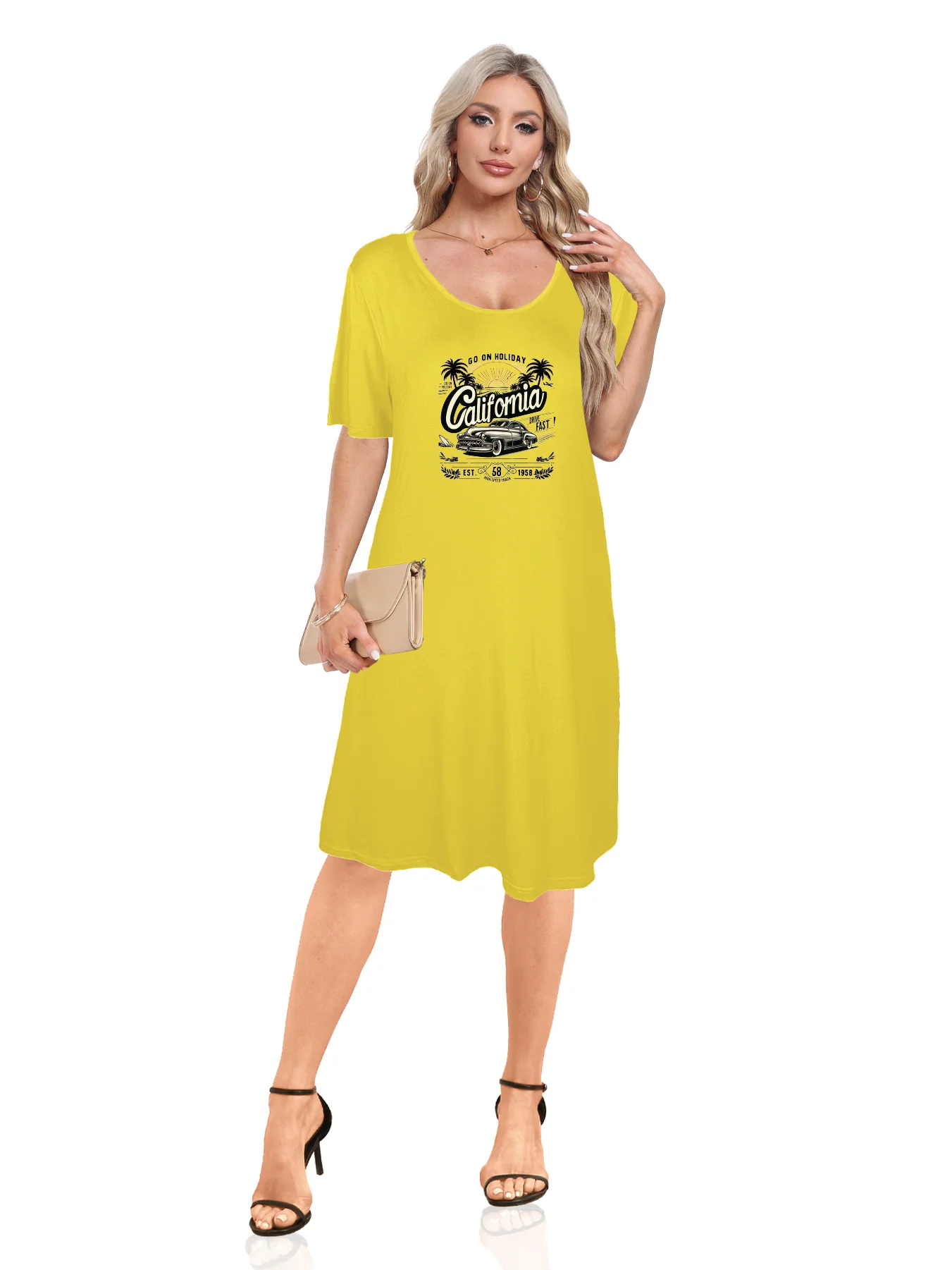 Retro Car Palm Tree With California Print Dual Pockets Dress Casual Short Sleeve Tee Dress For Spring & Summer Women's Clothing Retro Car Palm Tree With California Print Dual Pockets Dress Casual Short Sleeve Tee Dress For Spring & Summer Women's Clothing