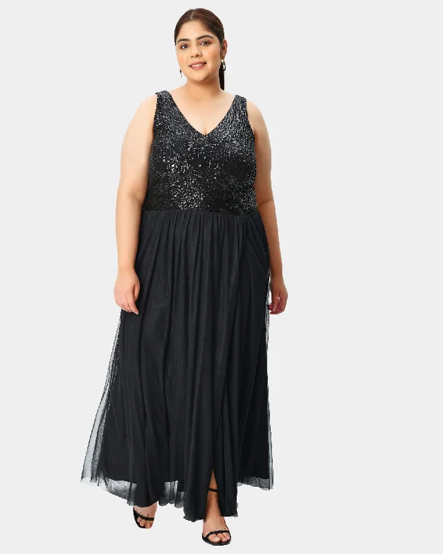 Sequin mesh and tulle vented v-neck dress | Black