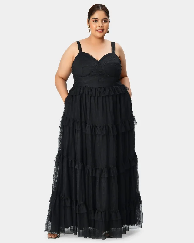 Corset-style sheer tulle maxi tiered dress | Black