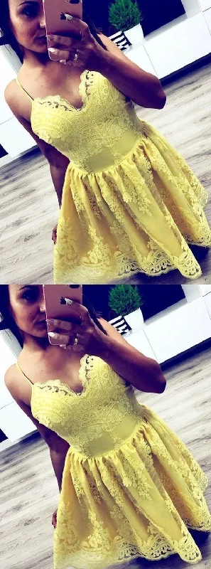 Spaghetti Straps Yellow Lace Short Homecoming Dress    cg13278