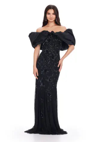 Ashley Lauren 11433  Long Prom Dress Beaded Off Shoulder Gown  Oversized Ruffle Formal Pageant