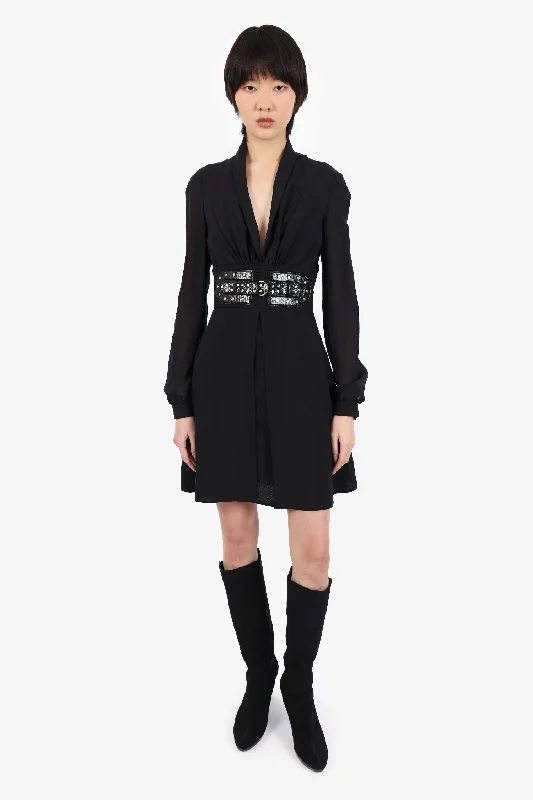 Gucci Black Silk Buckle Detail V-Neck Long-Sleeve Dress Estimated Size 38