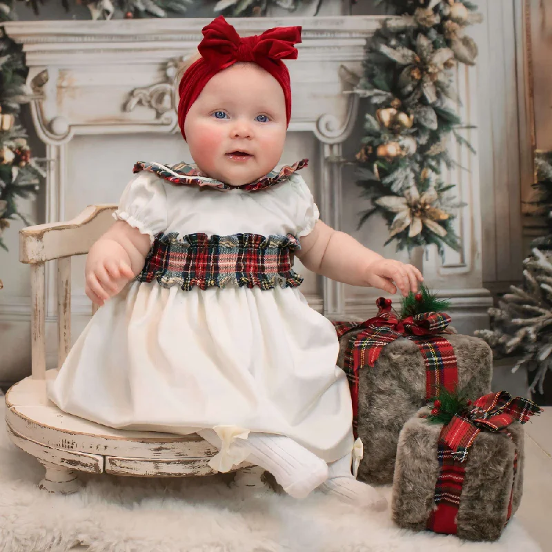 Fofettes Ivory Velvet Dress With Tartan Bow