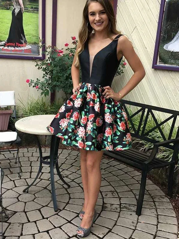 Glamorous V-neck A-line Homecoming Dresses Short Floral Black Cocktail Gowns cg21673 Glamorous V-neck A-line Homecoming Dresses Short Floral Black Cocktail Gowns cg21673