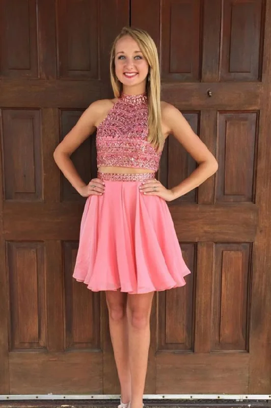 Two Pink High-necked Mini Skirts, Short SkirtsHomecoming Dress   cg14213