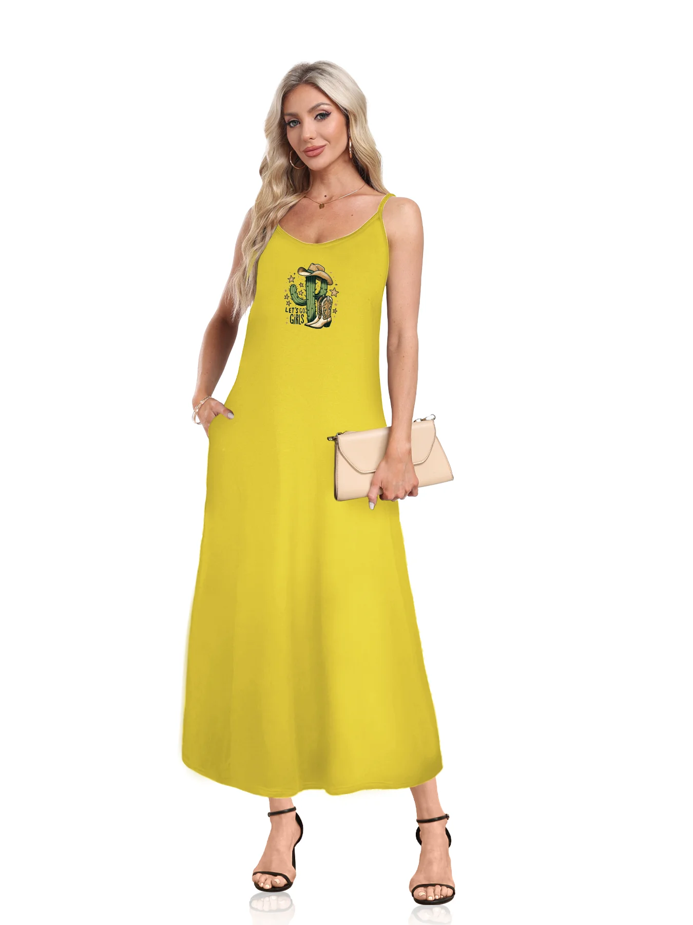 Playful Cactus Cowgirl Graphic Print Spaghetti Strap Dress Casual Sleeveless Cami Dress Women's Clothing Playful Cactus Cowgirl Graphic Print Spaghetti Strap Dress Casual Sleeveless Cami Dress Women's Clothing