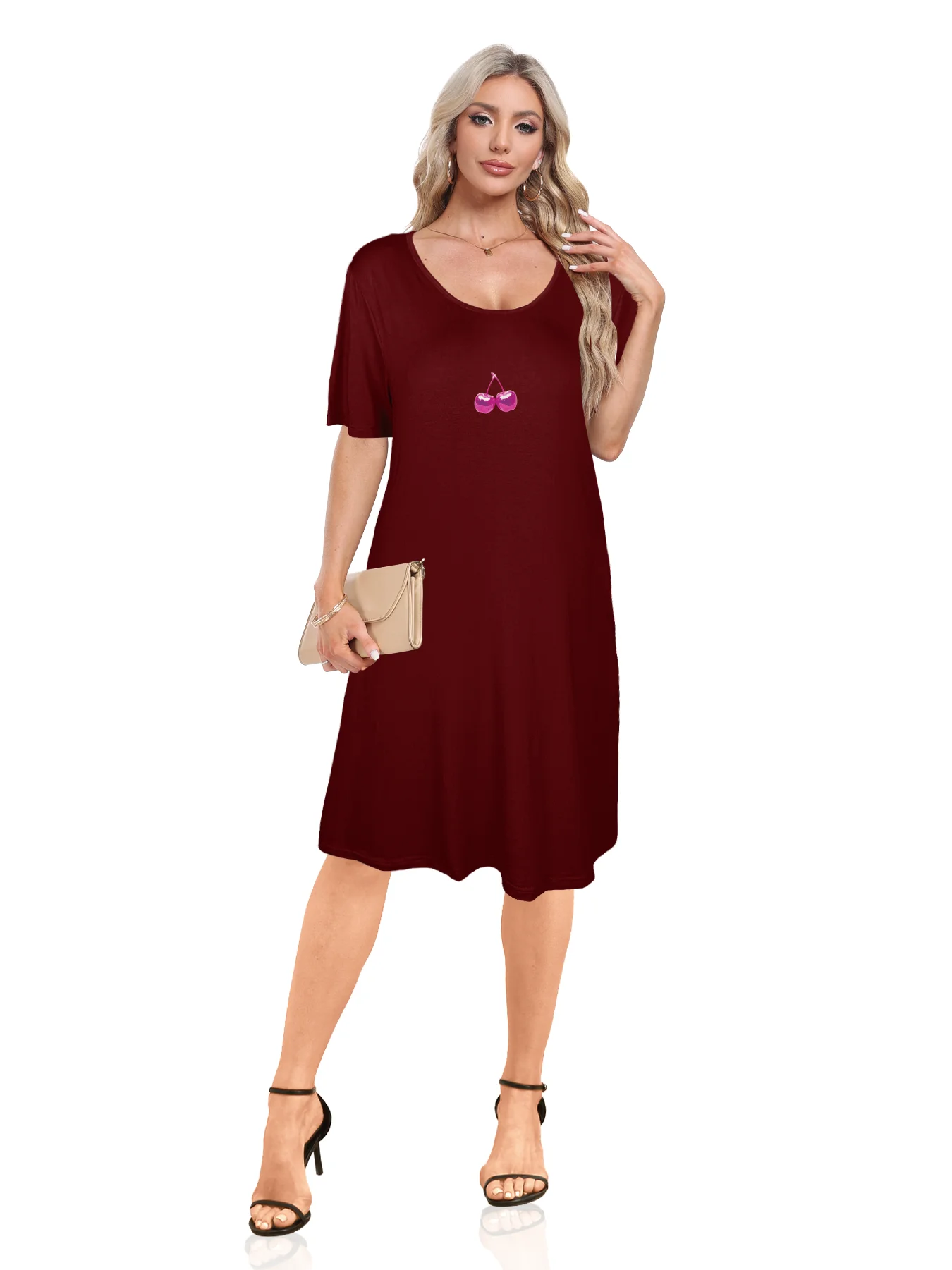 Vibrant Cherry Graphic Print Dual Pockets Dress Casual Short Sleeve Tee Dress For Spring & Summer Women's Clothing Vibrant Cherry Graphic Print Dual Pockets Dress Casual Short Sleeve Tee Dress For Spring & Summer Women's Clothing