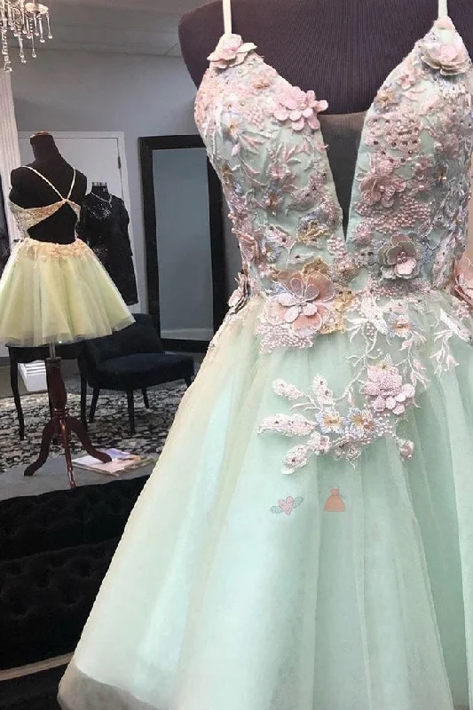 Mint Green Short Homecoming Dress with Flowers, Mini Tulle Graduation Dress with Pearls cg20030 Mint Green Short Homecoming Dress with Flowers, Mini Tulle Graduation Dress with Pearls cg20030