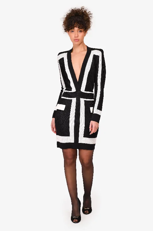 Balmain Black/White Geometrical Pattern V-Neck Dress Size 38