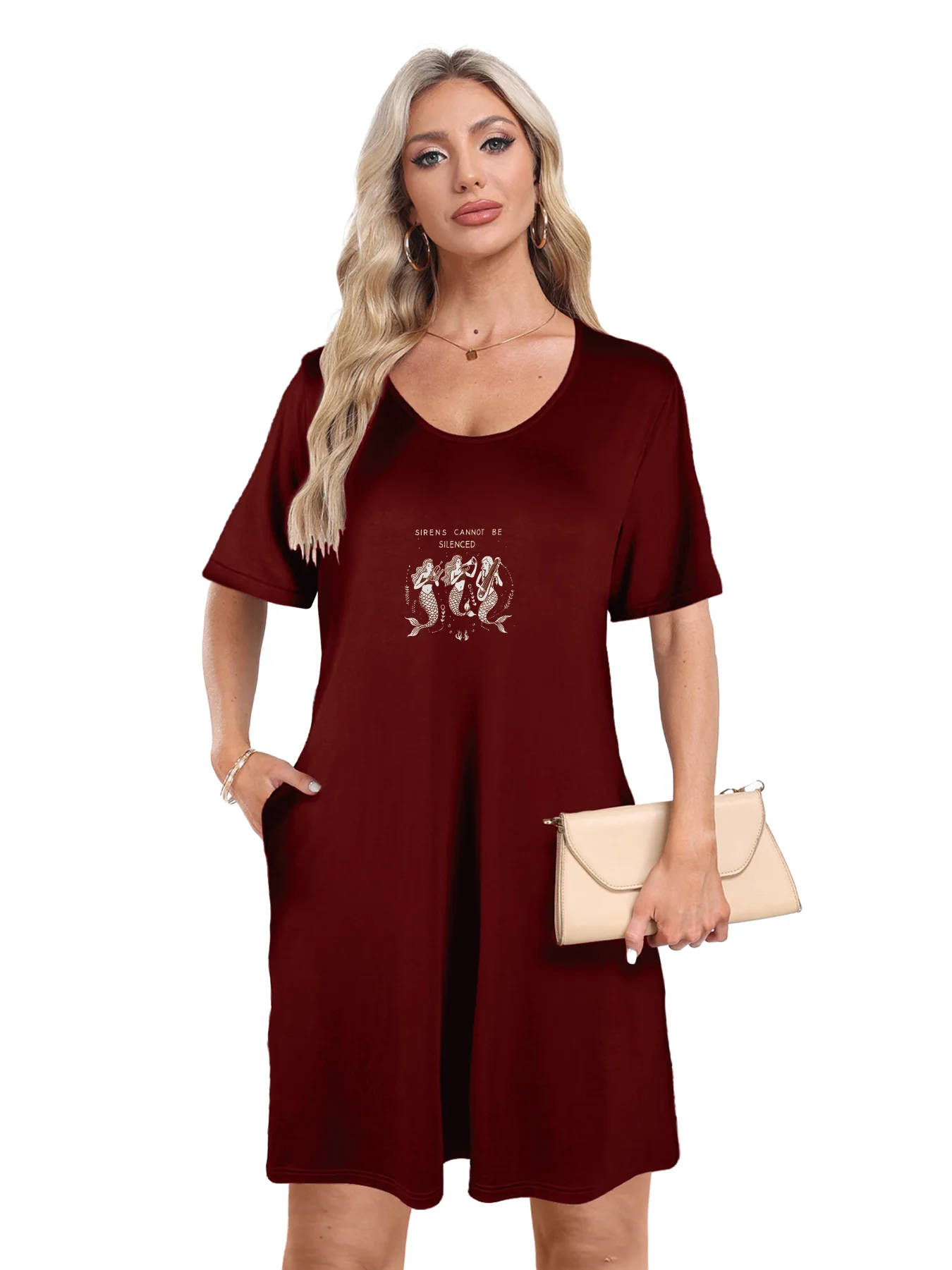 Enchanting Sirens Graphic Print Dual Pockets Dress Casual Short Sleeve Tee Dress For Spring & Summer Women's Clothing Enchanting Sirens Graphic Print Dual Pockets Dress Casual Short Sleeve Tee Dress For Spring & Summer Women's Clothing