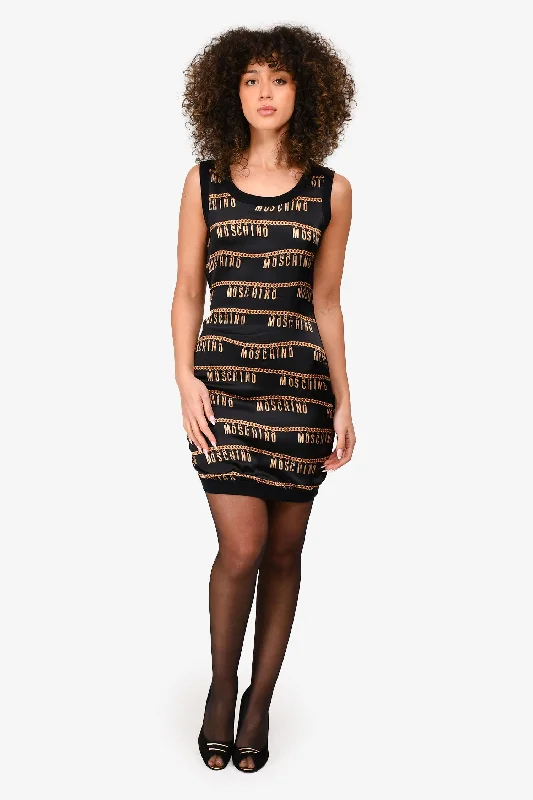 Moschino Couture Black/Yellow Wool/Silk Chain Logo Print Dress Size 6