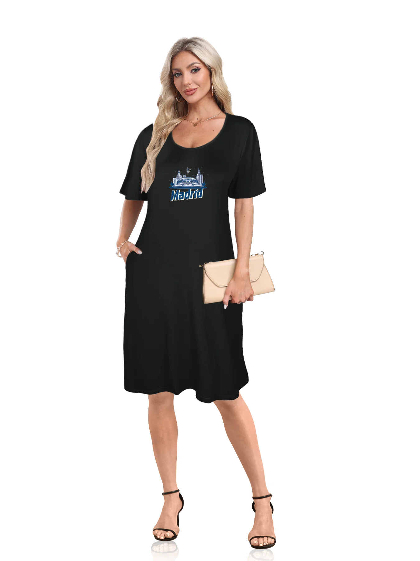 Detailed Madrid skyline Print Dual Pockets Dress Casual Short Sleeve Tee Dress For Spring & Summer Women's Clothing Detailed Madrid skyline Print Dual Pockets Dress Casual Short Sleeve Tee Dress For Spring & Summer Women's Clothing