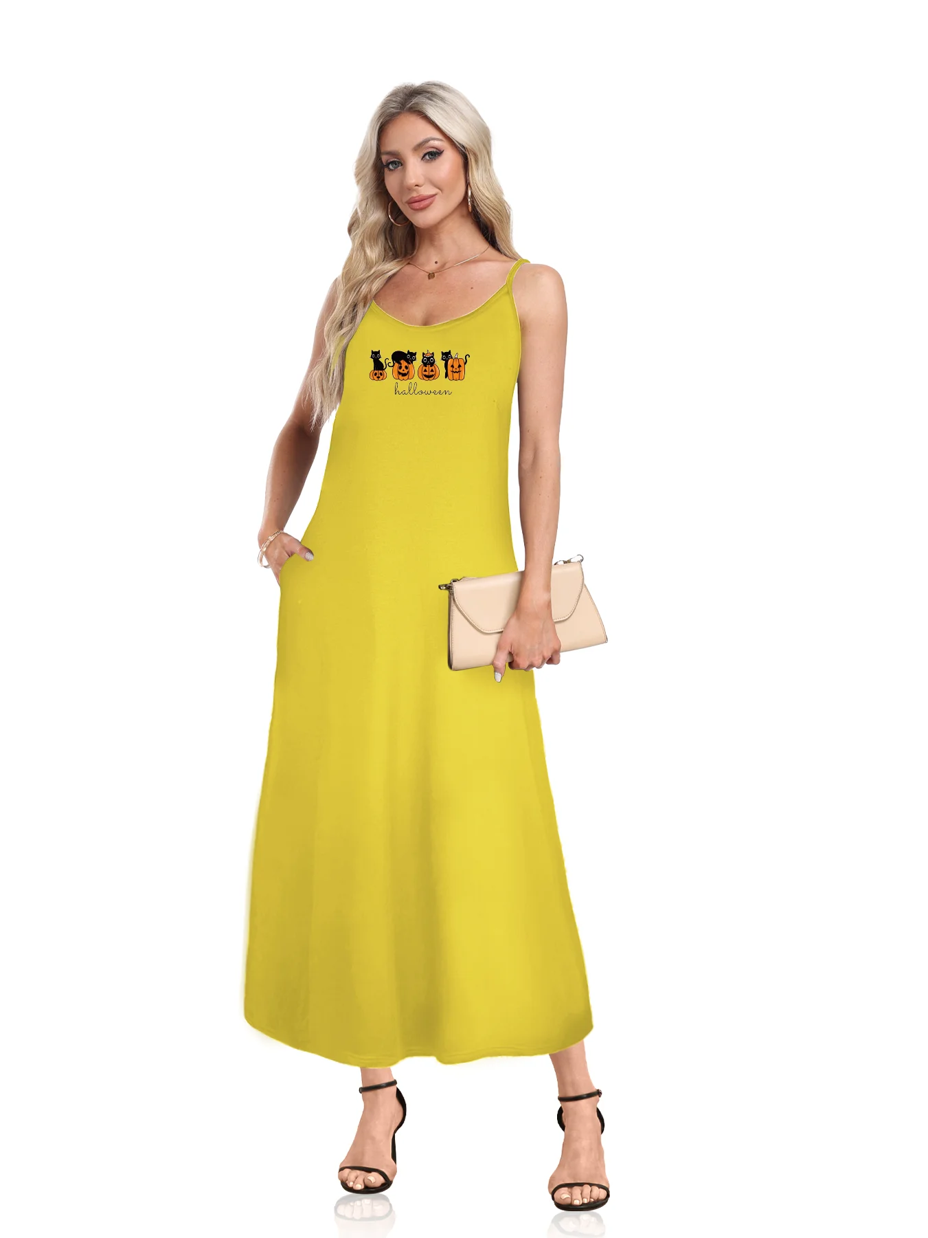 Halloween With Black Cats And Pumpkins Print Spaghetti Strap Dress Casual Sleeveless Cami Dress Women's Clothing Halloween With Black Cats And Pumpkins Print Spaghetti Strap Dress Casual Sleeveless Cami Dress Women's Clothing