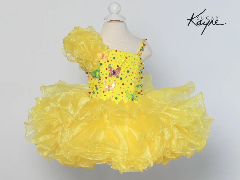 Sugar Kayne C209 Short Cupcake Ruffle One Shoulder Girls Pageant Dress Butterflies