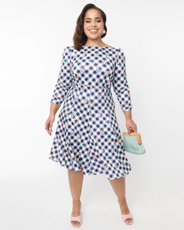 Unique Vintage Plus Size Navy & White Floral Gingham Swing Dress | Blue