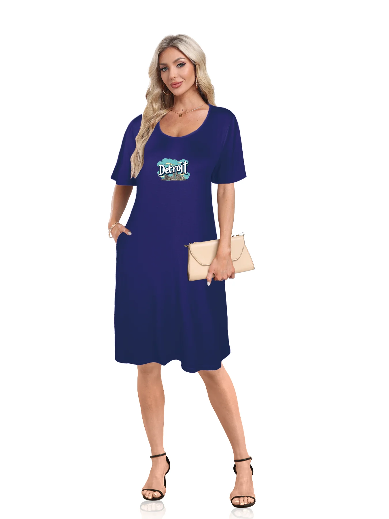 Detroit Skyline With Bold Detroit Print Dual Pockets Dress Casual Short Sleeve Tee Dress For Spring & Summer Women's Clothing Detroit Skyline With Bold Detroit Print Dual Pockets Dress Casual Short Sleeve Tee Dress For Spring & Summer Women's Clothing