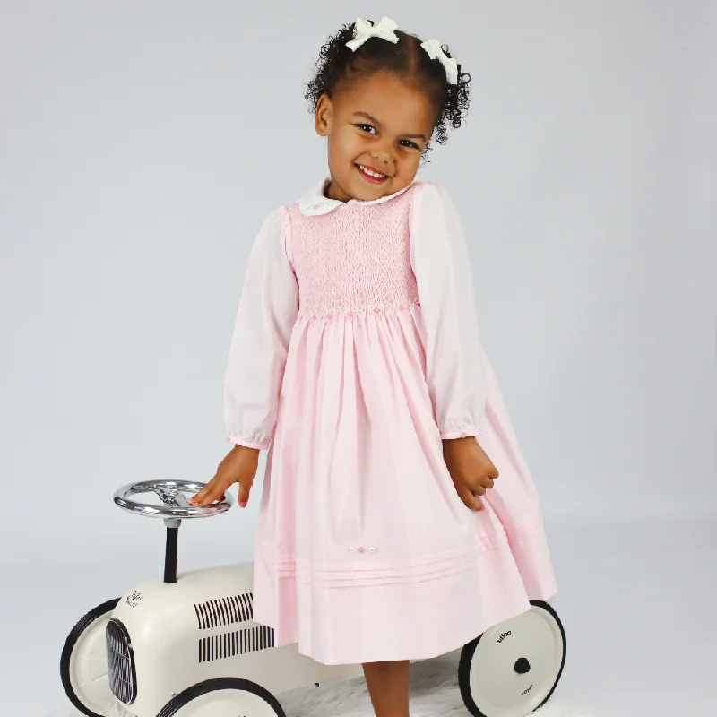 New In Sarah Louise Girls Pink Smocked Rose Bud & Daisy Dress