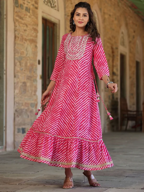 Juniper Pink Cotton Leheriya Printed Anarkali Dress With Embroidered Yoke & Dori Tie-Up At Waist