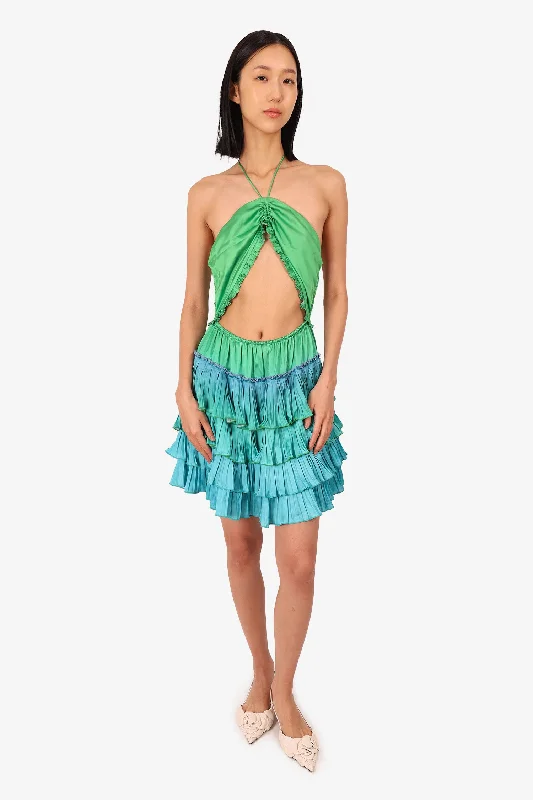 Rococo Sand Green/Blue Cut-Out Pleated Sleeveless Mini 'Kiki' Dress Size Medium