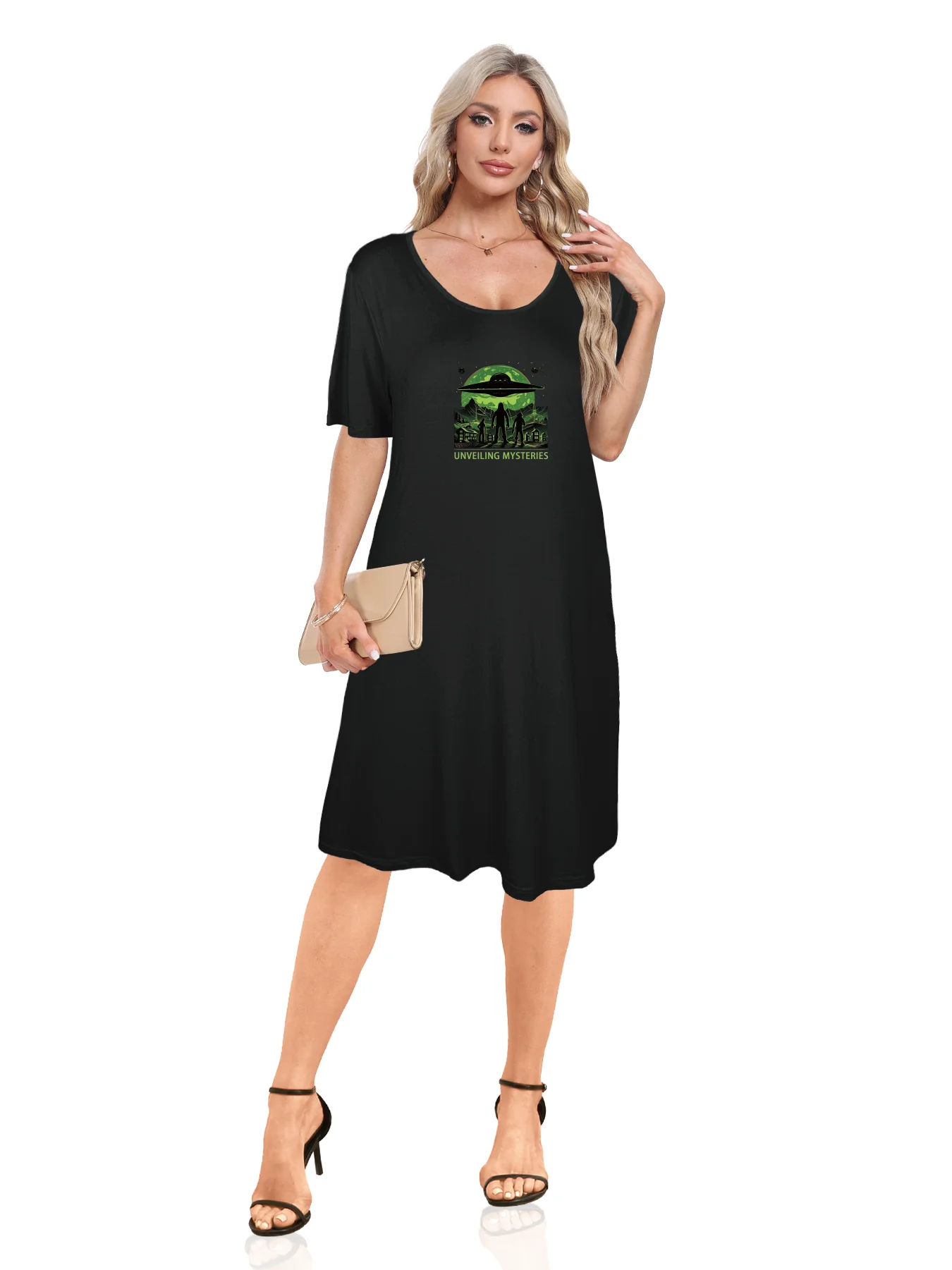 Intriguing Ufo Mysterious Figures Print Dual Pockets Dress Casual Short Sleeve Tee Dress For Spring & Summer Women's Clothing Intriguing Ufo Mysterious Figures Print Dual Pockets Dress Casual Short Sleeve Tee Dress For Spring & Summer Women's Clothing