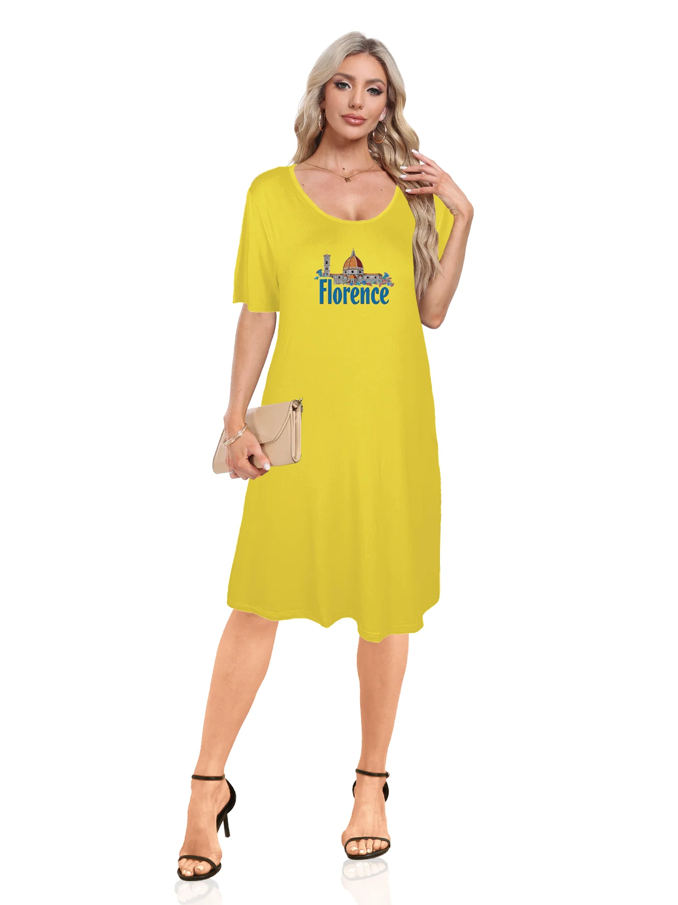 Florence Skyline With Bold Florence Print Dual Pockets Dress Casual Short Sleeve Tee Dress For Spring & Summer Women's Clothing Florence Skyline With Bold Florence Print Dual Pockets Dress Casual Short Sleeve Tee Dress For Spring & Summer Women's Clothing