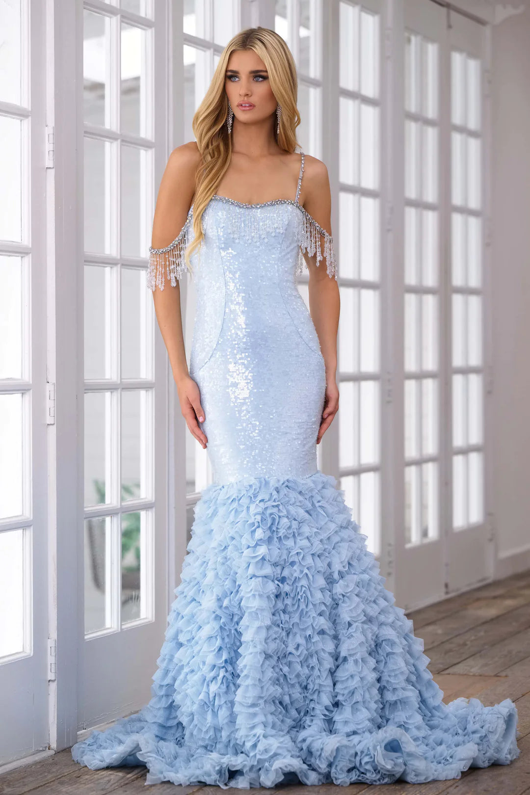 Ava Presley 28598 Mermaid Long Prom Sequin Dress Beaded Detail Spaghetti Strap Layered Ruffle Formal Pageant Gown