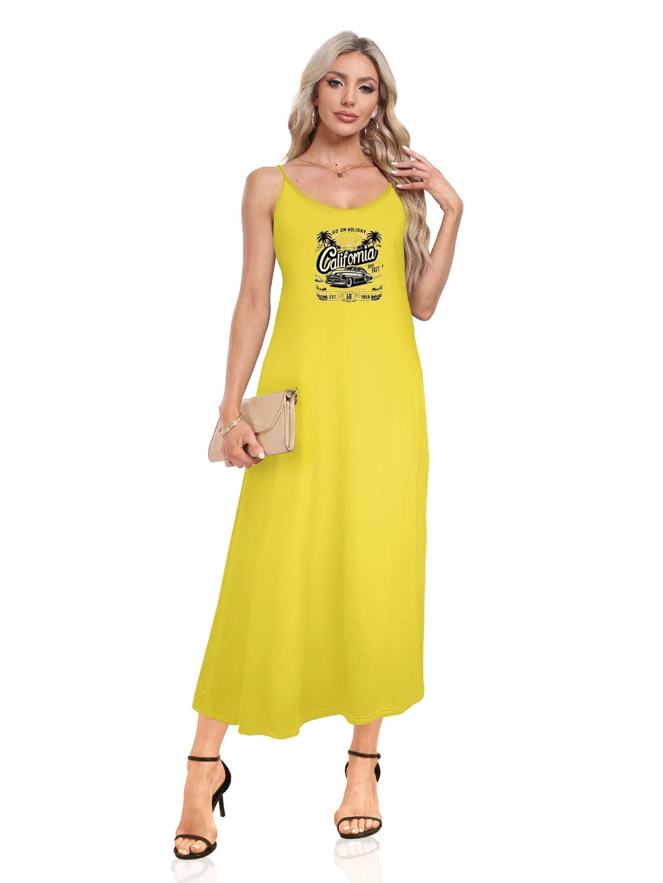 Retro Car And Palm Tree Graphic With California Print Spaghetti Strap Dress Casual Sleeveless Cami Dress Women's Clothing