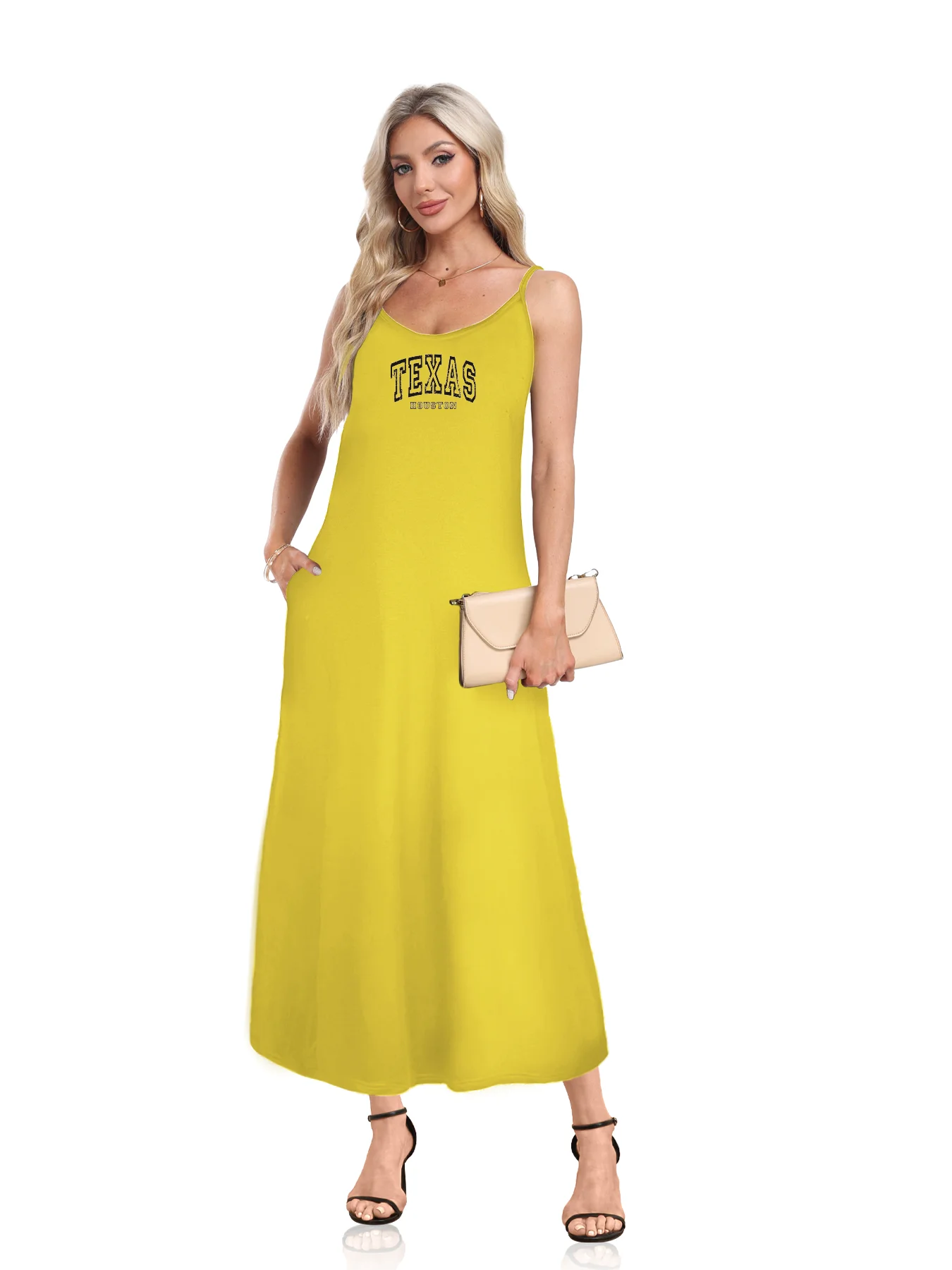 Bold "Texas" And "Houston" Print Spaghetti Strap Dress Casual Sleeveless Cami Dress Women's Clothing
