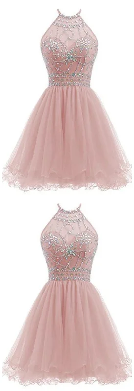 Beaded Halter Homecoming Dress Short Tulle dress   cg14194