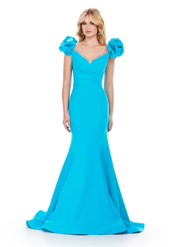 Ashley Lauren 11615 Long Prom Dress A-Line Scuba Gown Beaded Belt Puff Sleeves V Neck Formal Pageant Gown Ashley Lauren 11615 Long Prom Dress A-Line Scuba Gown Beaded Belt Puff Sleeves V Neck Formal Pageant Gown