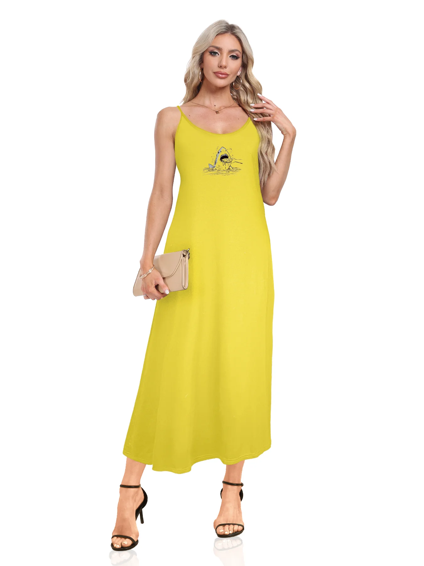 Unique Shark Attack Graphic Print Spaghetti Strap Dress Casual Sleeveless Cami Dress Women's Clothing Unique Shark Attack Graphic Print Spaghetti Strap Dress Casual Sleeveless Cami Dress Women's Clothing